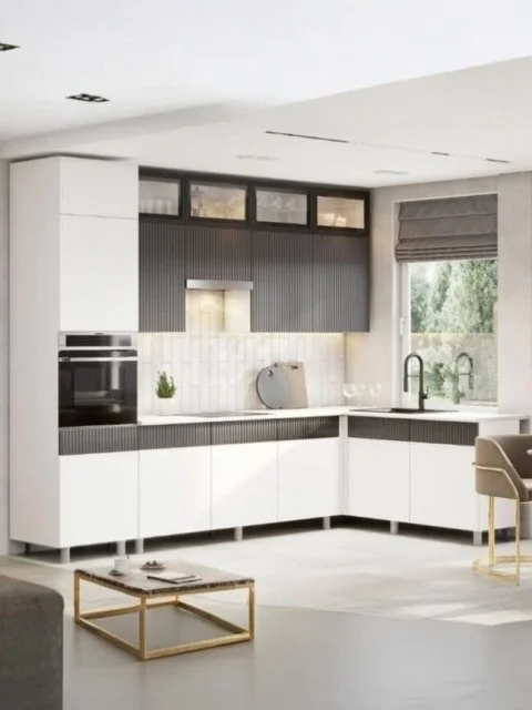 Угловая кухня София Гренто 300х180см белый бланж/ графит со столешницей, ЛДСП/МДФ.